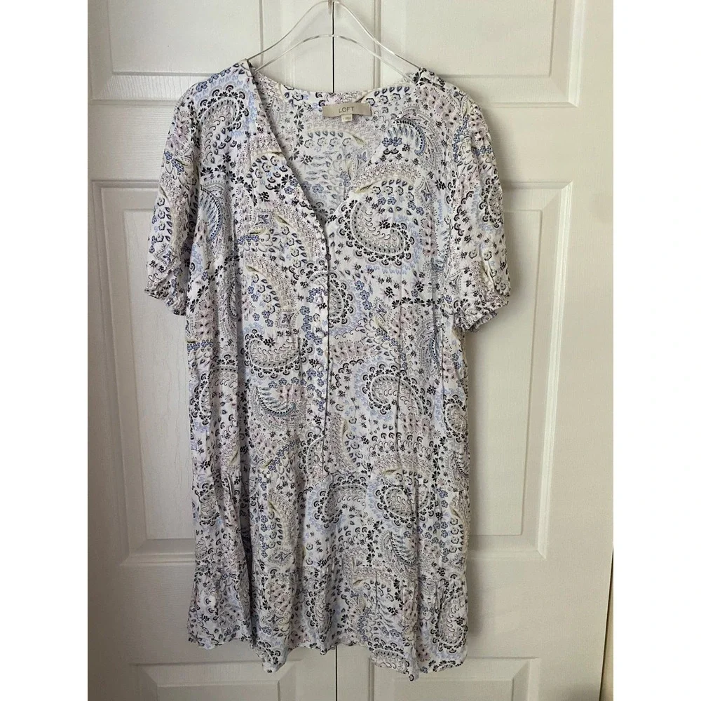 Loft Swing Dress Womens L White Blue Paisley Floral Puff Sleeve V-Neck Boho